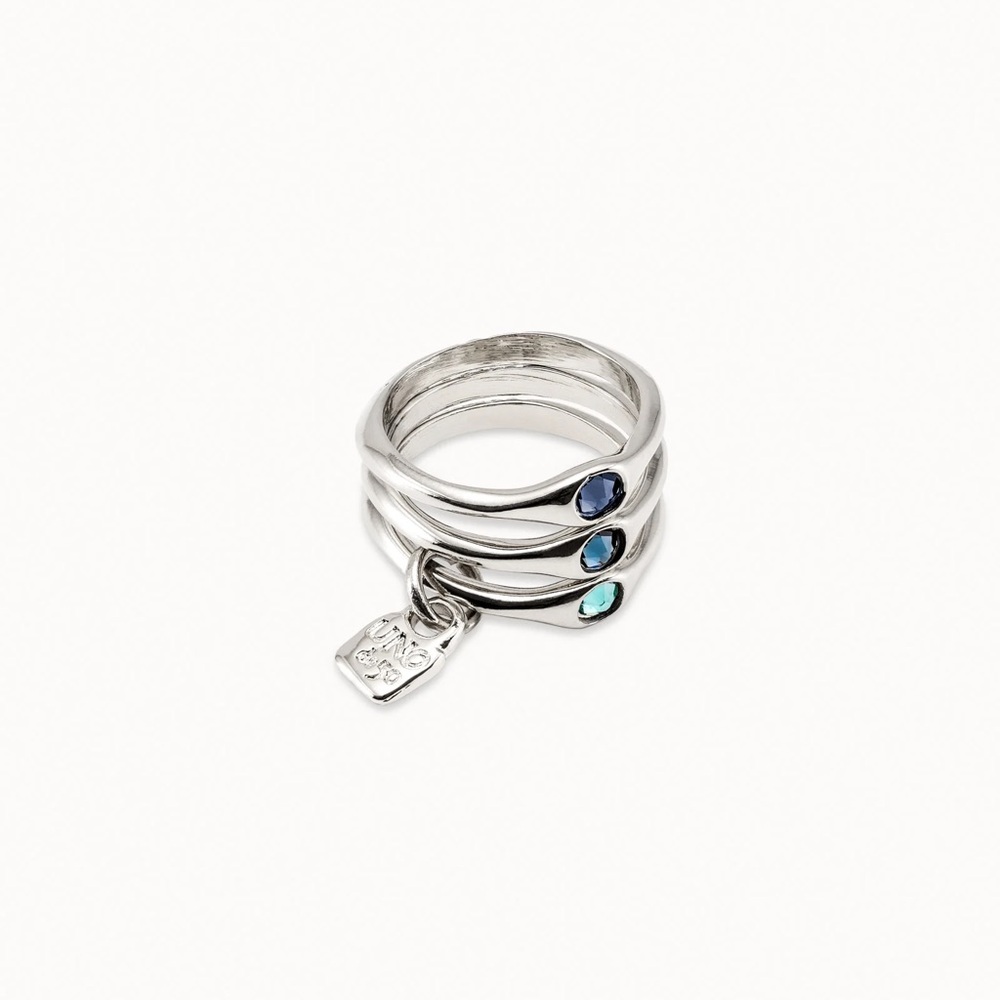 UNO de 50 Silver Triple Stackable Ring Set with Blue and Teal Crystals Stones